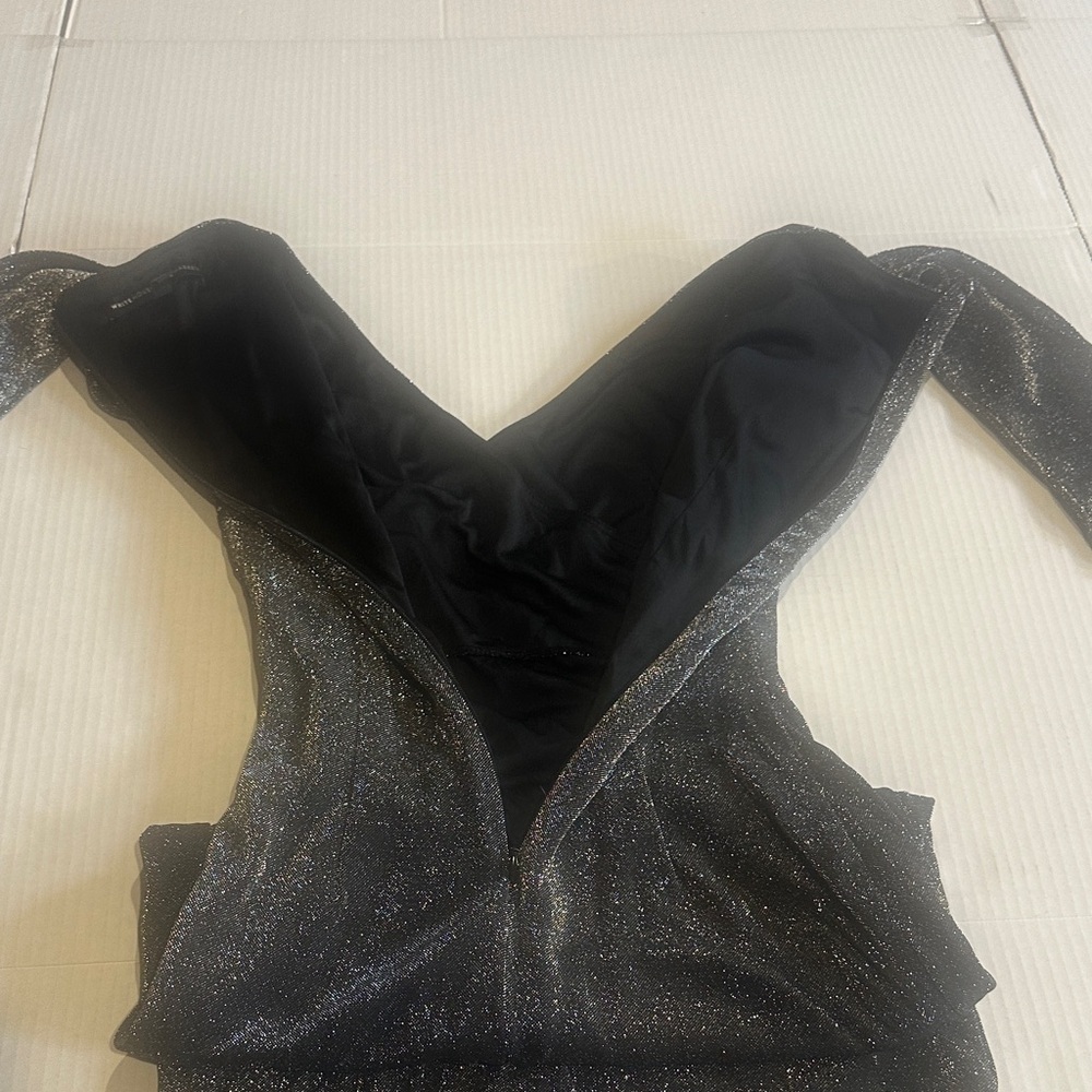White House Black Market Elegant Black Glitter Dress with v neck and zipper back - Picture 7 of 8
